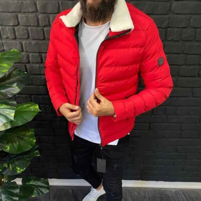 Чоловіча Червона Куртка - Коротка з Хутряним Коміром