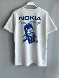 Мужская Свободная Футболка Белая Оверсайз - Хлопковая с Принтом "Nokia"