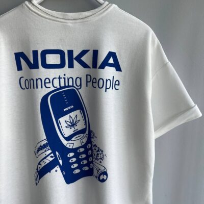 Мужская Свободная Футболка Белая Оверсайз - Хлопковая с Принтом "Nokia"