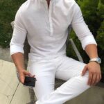 Мужская Льняная Рубашка в Белом Цвете - Базовая Классическая с Пуговицами