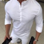 Мужская Льняная Рубашка в Белом Цвете - Базовая Классическая с Пуговицами