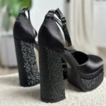 Женские Черные Атласные Туфли со Стразами на Каблуке и Платформе