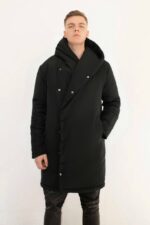 Мужская Удлиненная Зимняя Черная Куртка на Запах с Капюшоном
