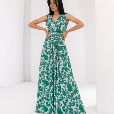 Женское Зеленое Шелковое Платье Фурор в Принт - Длинное Макси на Запах