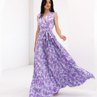 Женское Сиреневое Шелковое Платье Фурор в Принт - Длинное Макси на Запах