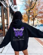 Женское Объемное Черное Худи Оверсайз с Принтом на Спине Butterfly