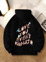 Женское Объемное Черное Худи Оверсайз с Надписью на Спине "Love You Every Minute"